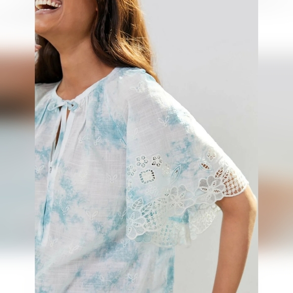 Anthropologie Blue White Olivia Embroidered Tie Dye Blouse Top XS - Picture 7 of 9